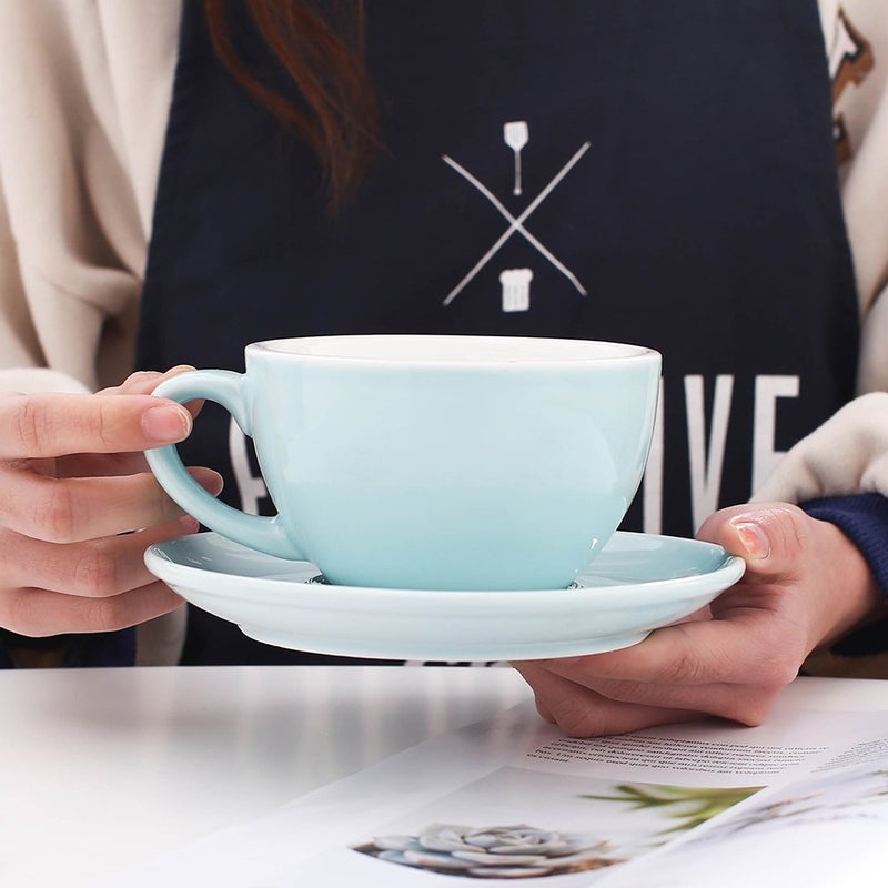 Coffeezone Latte Art Cup and Saucer for Latte & Cappuccino, Great Cup Shape for Coffee Shop and Barista, Ceramic (Glossy Light Blue, 10.5 oz) - Image 4